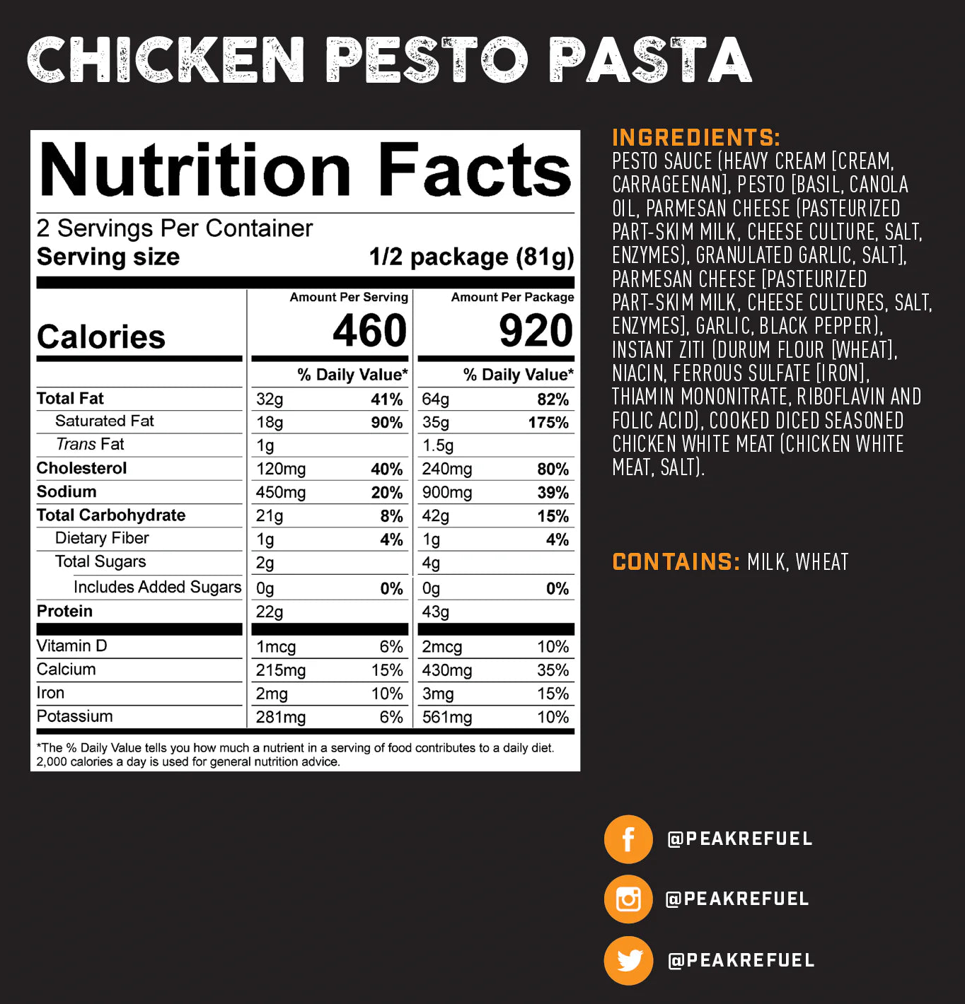 PEAK REFUEL - CHICKEN PESTO PASTA - RTG Supply Co